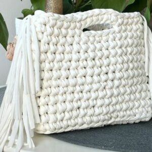 pochette au crochet blanche à franges fait main artisanat made in france