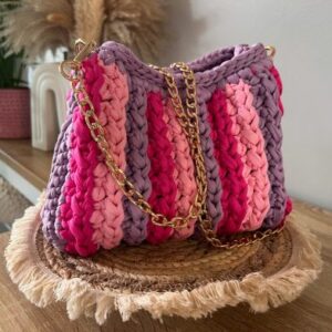 Sac au crochet fait main rayé rose et mauve