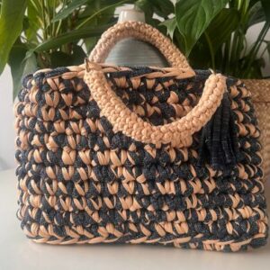 sac au crochet denim et beige sable fait main artisanat français